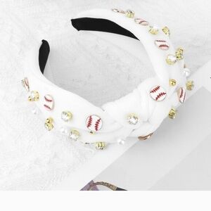 White Beaded Knotted Headband with Baseball Accent